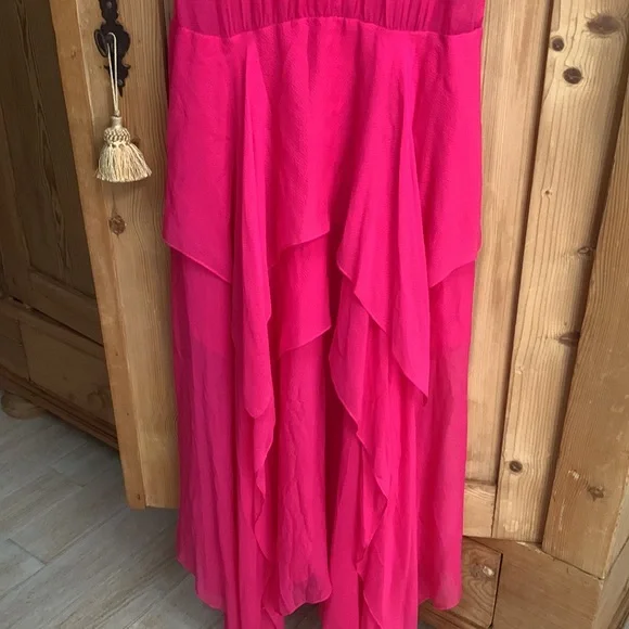 BCBG Basha Begonia Barbie Pink Bow Tie Long Silk Sheer Chiffon Tiered Maxi Dress